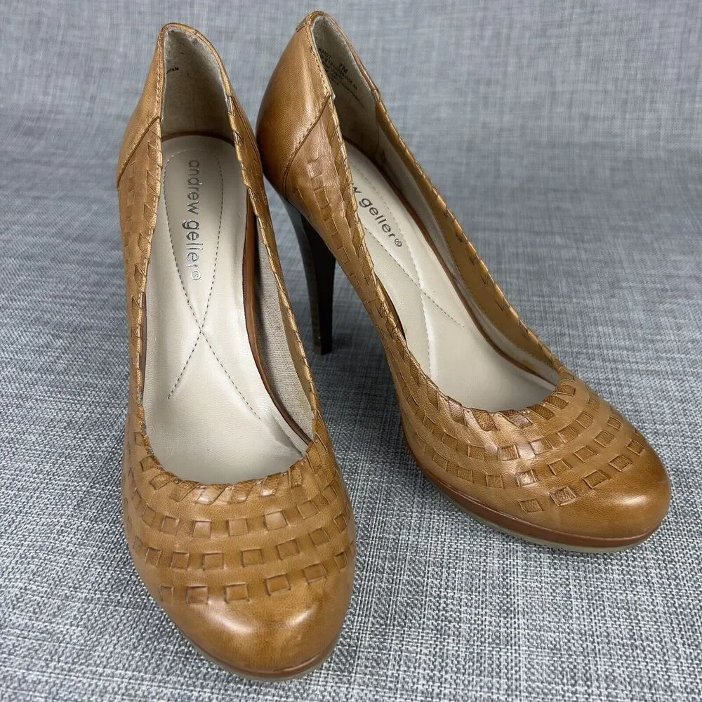 Andrew Geller Sz 7 Whisky Brown Woven Leather Platform Pumps Wood Stiletto Heels - Picture 3 of 10
